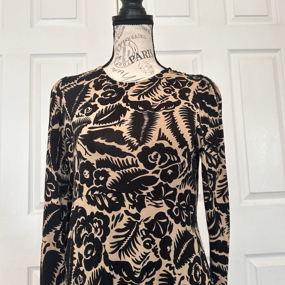 BODEN Crew Neck Jersey Knit Midi Dress Floral Abstract Garden Black Tan Size 8 P - Picture 10 of 16
